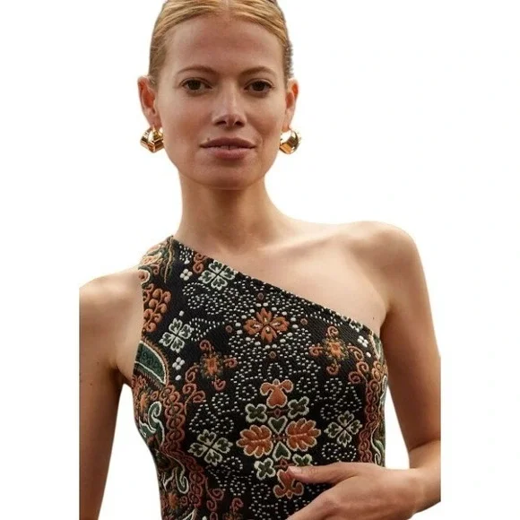 Anthropologie One Shoulder Jacquard Textured Midi Cocktail Dress Neutral Size M - Picture 3 of 9